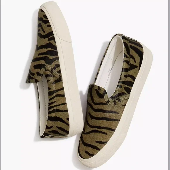 Madewell Sidewalk Slip On Sneakers in Zebra Calf Hair green black - Picture 1 of 12